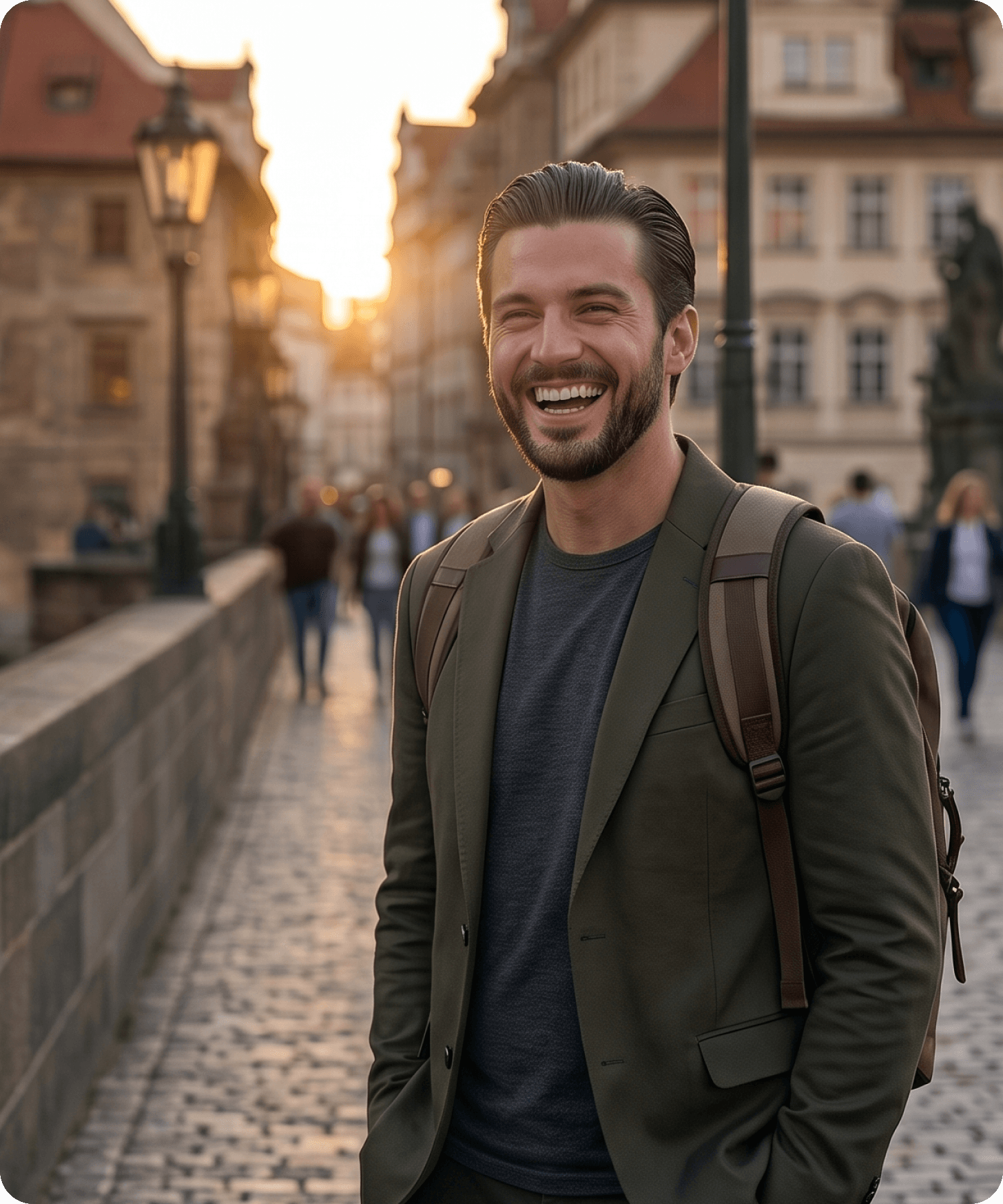 Traveller laughing on a European old-town street at golden hour