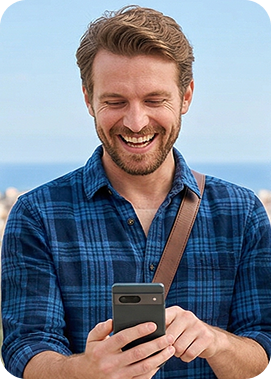 Smiling traveller checking their phone