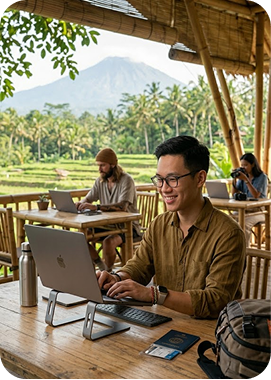 Two travellers relaxing at an outdoor cafe
