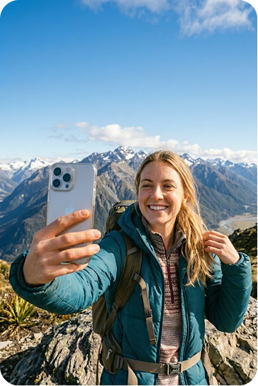 Traveller in the mountains holding a phone