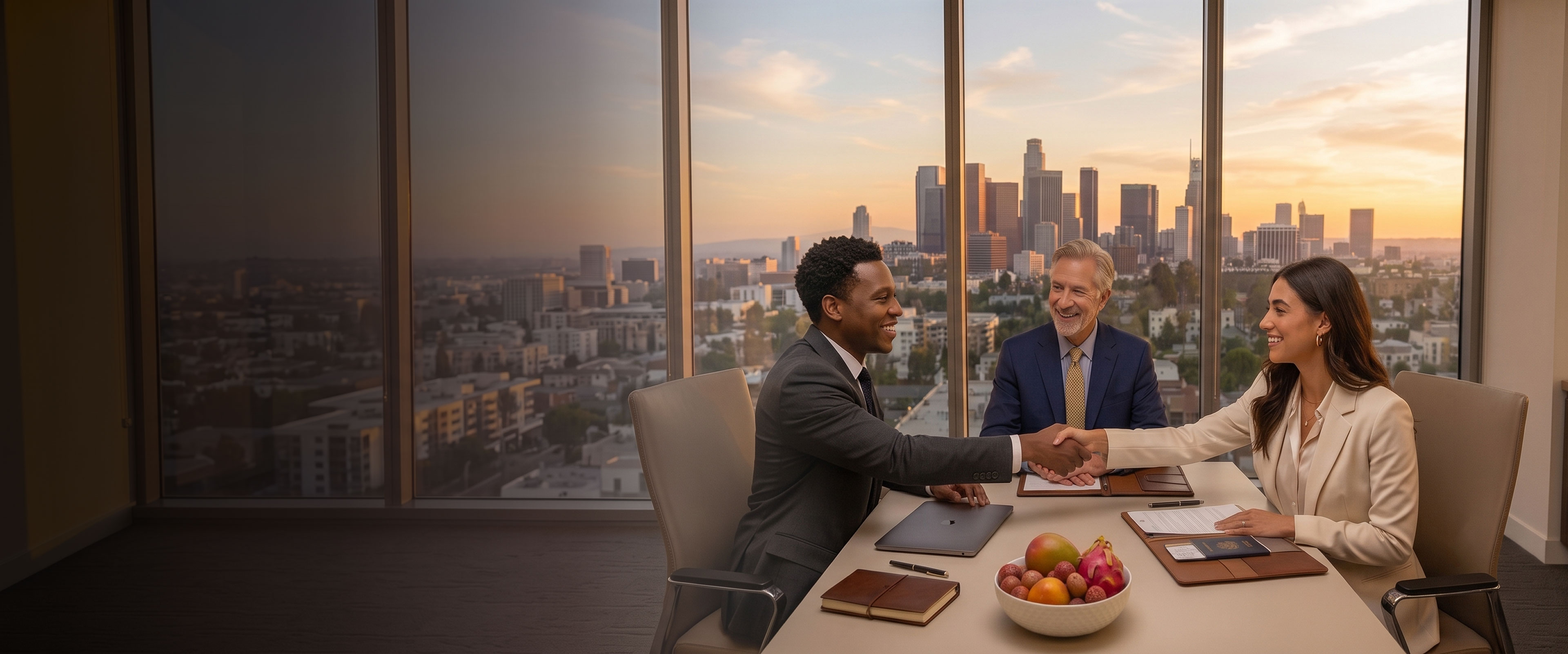 Business travellers closing a deal over a city skyline at sunset
