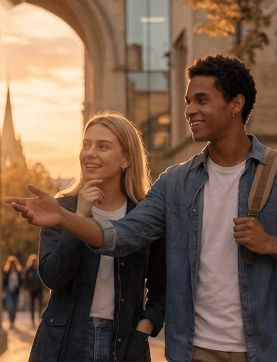 Two friends exploring a city at sunset
