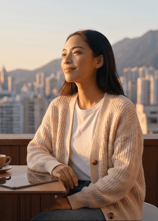 Traveler enjoying coffee with a city skyline view