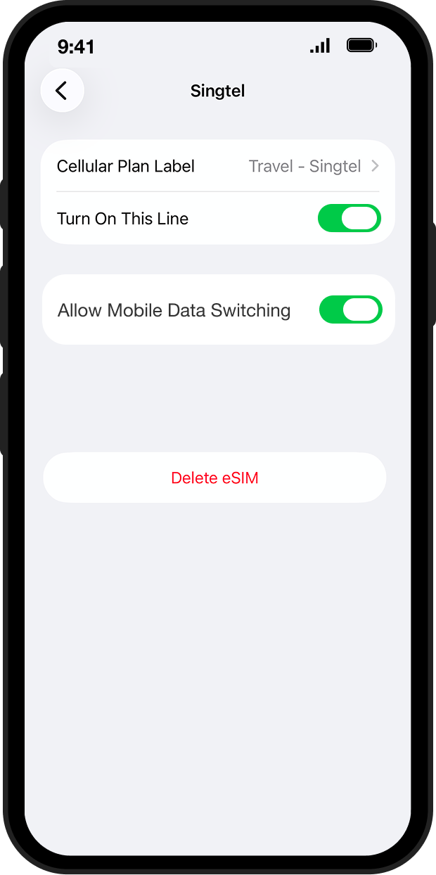 iPhone (iOS 26+) — Scan QR code — step 08: Choose which line uses mobile data.