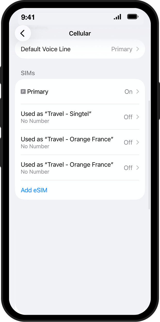 iPhone (iOS 26+) — Scan QR code — step 02: Tap Cellular, then Add eSIM.