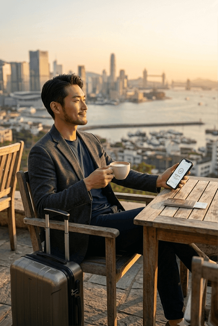 Traveler checking his eSIM over the harbour at sunset