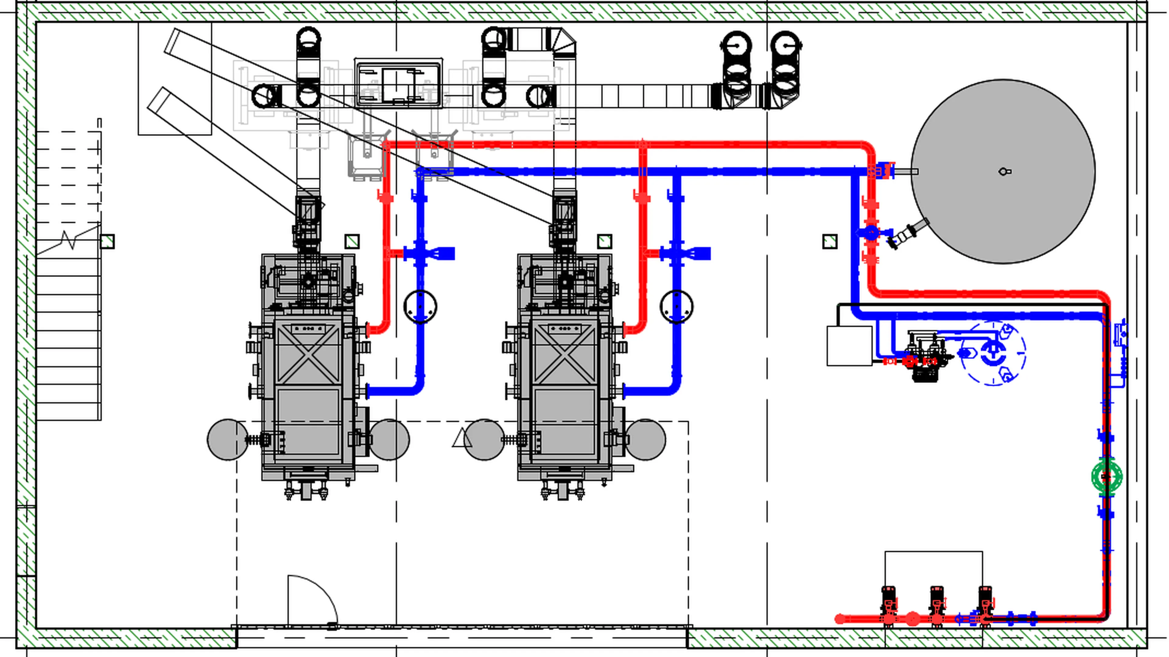 Technical floor plan showing machinery layout with pipelines in red and blue, two large machines, a circular tank, and various smaller elements.