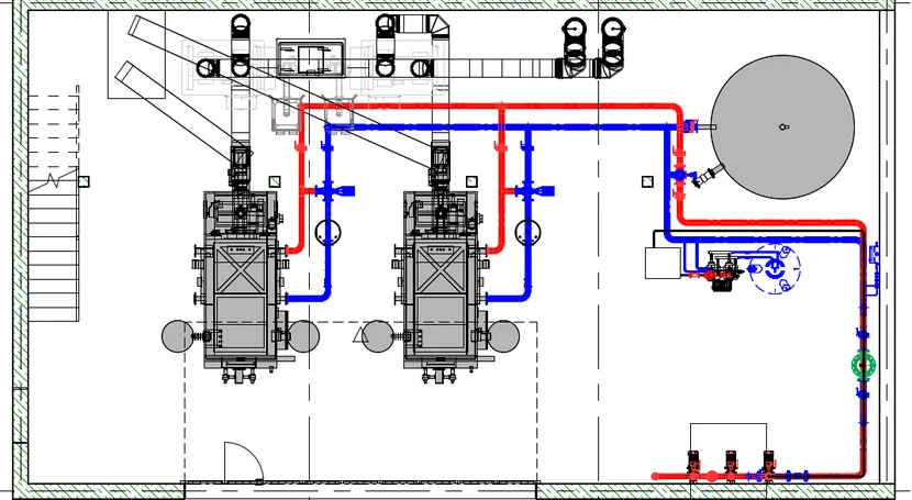 Technical floor plan showing machinery layout with pipelines in red and blue, two large machines, a circular tank, and various smaller elements.