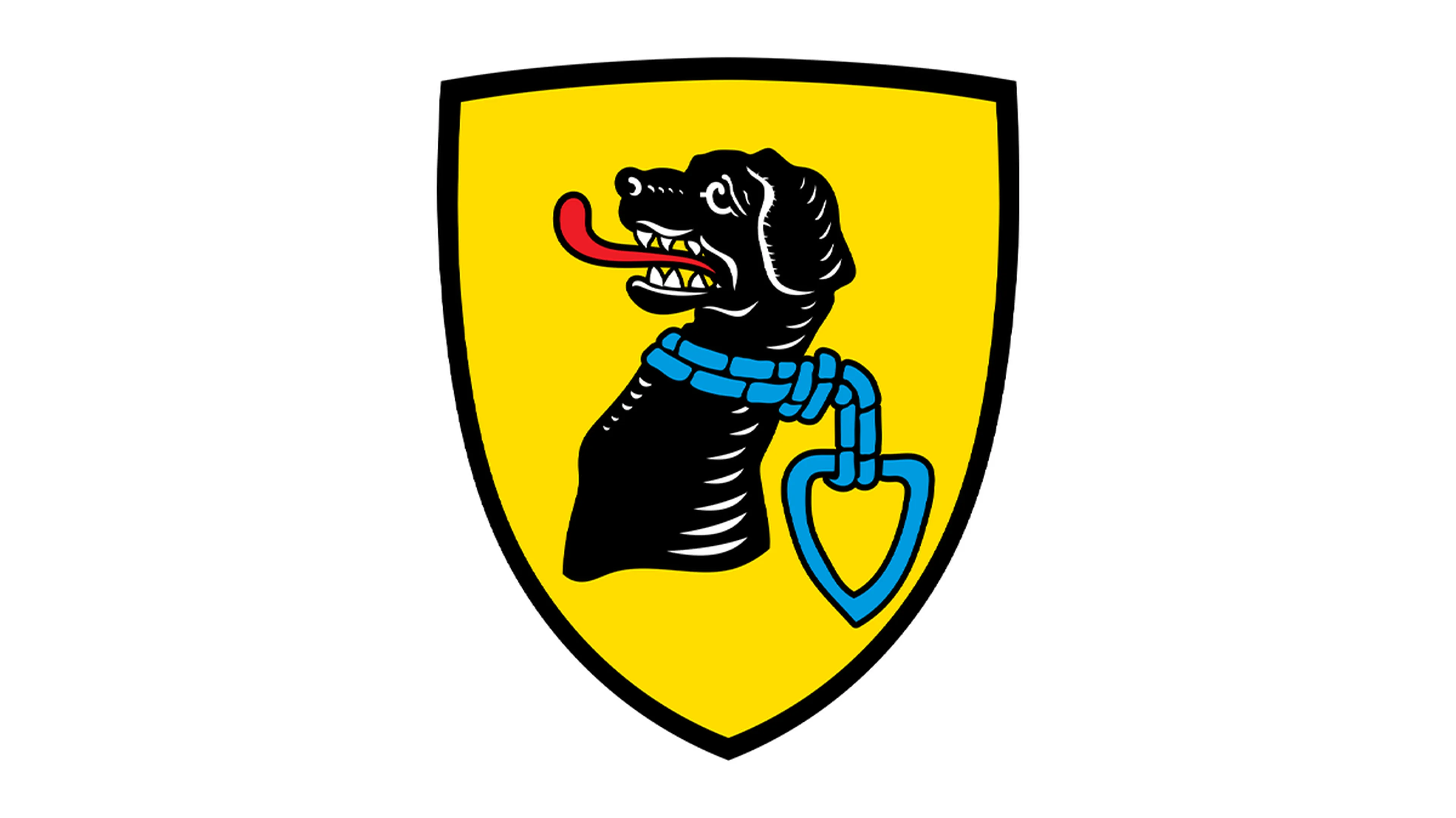 A yellow shield featuring a black dog head with a red tongue, adorned with a blue collar and heart-shaped pendant.