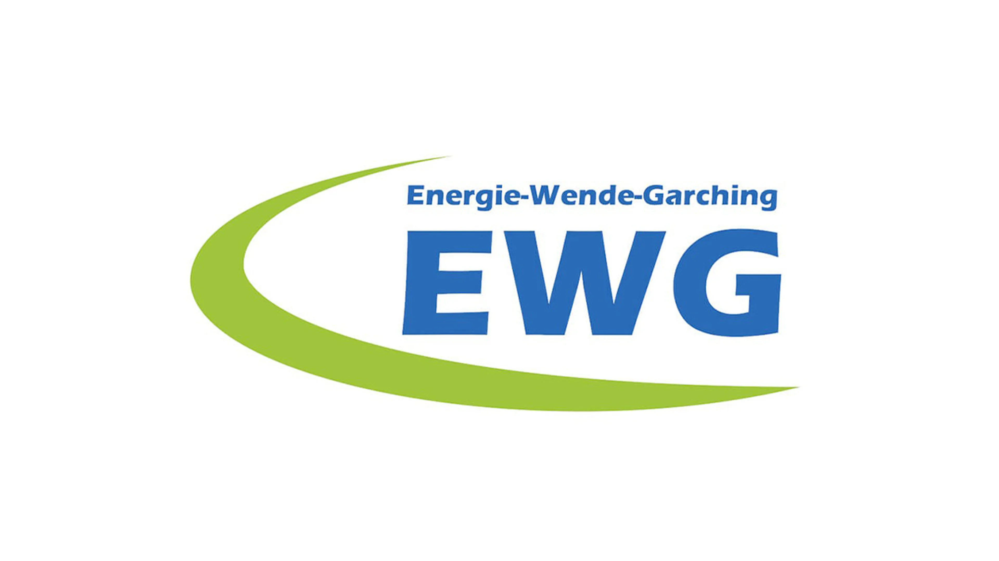 Logo of Energie-Wende-Garching (EWG) with blue text and a green curving swoosh on a white background.