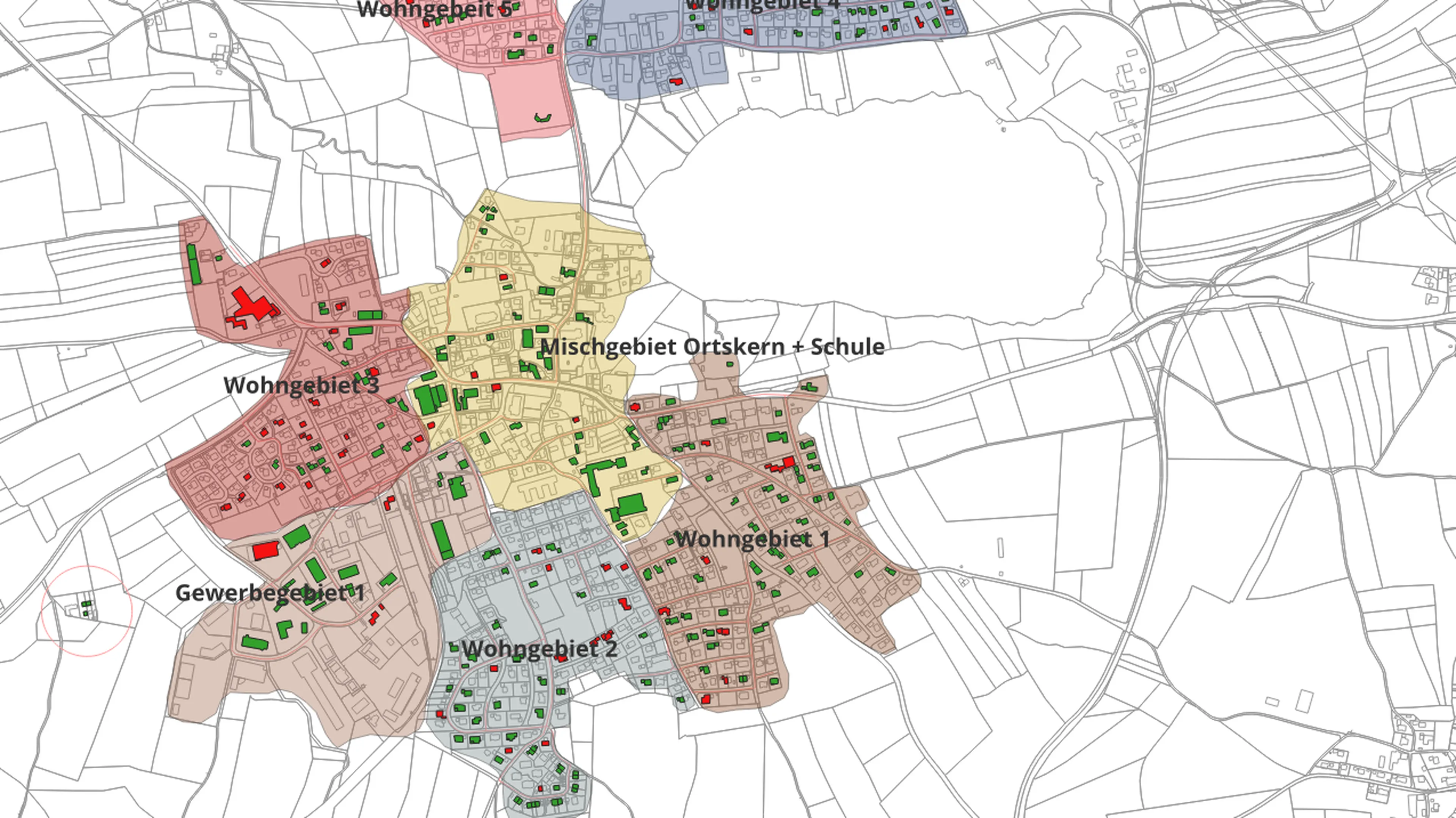 Map displaying different residential, commercial, and school zones in various colors, overlaid on a grid of streets and natural features.