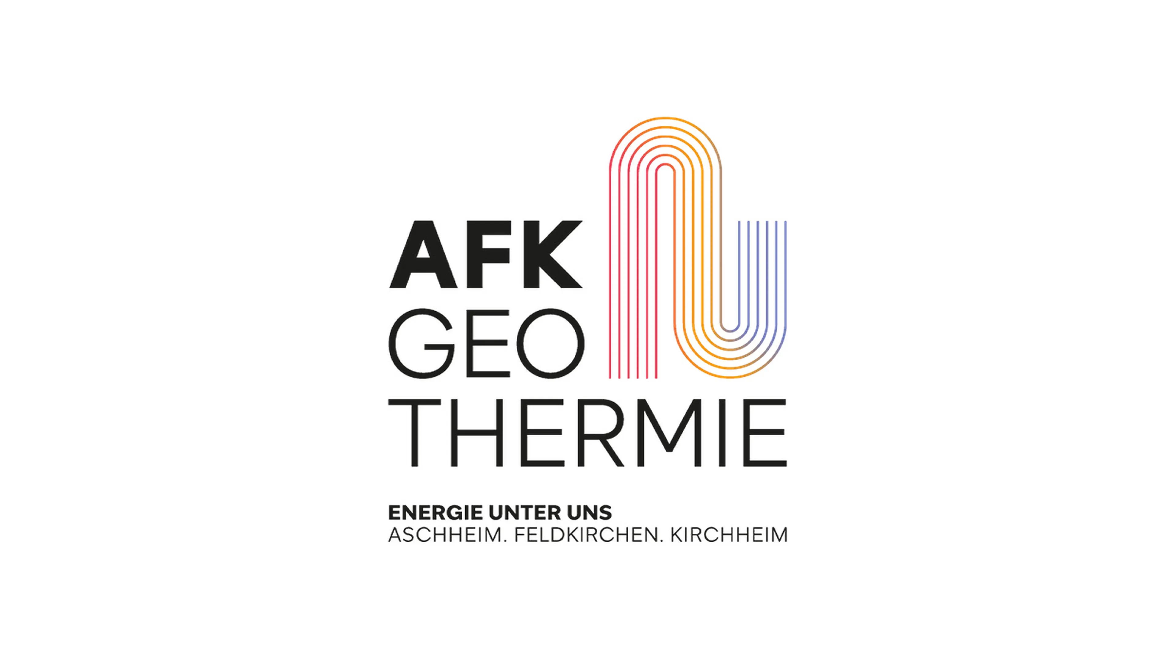AFK Geothermie logo with colorful geothermal lines and text "Energie unter uns, Aschheim. Feldkirchen. Kirchheim" on white background.