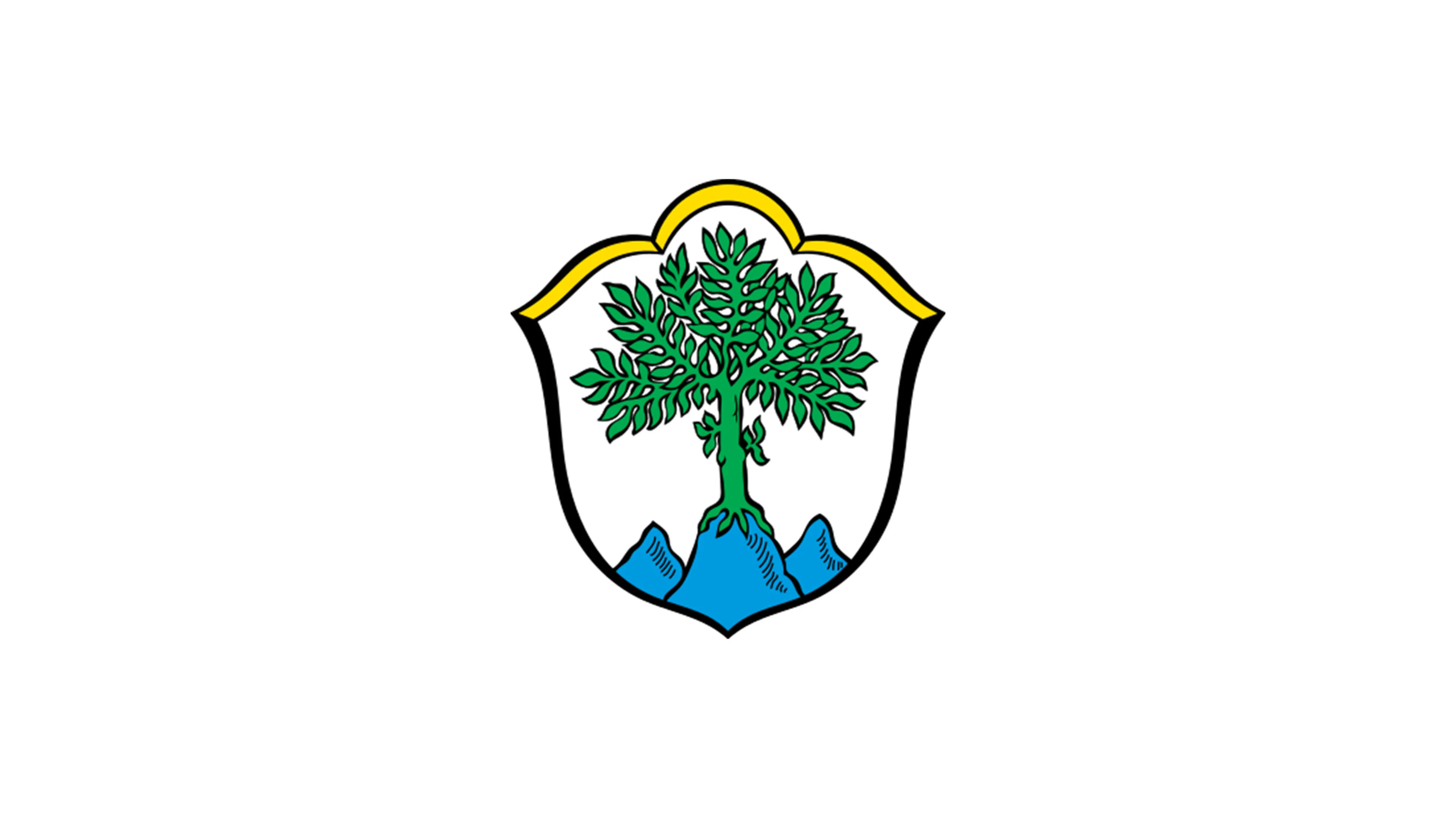 An emblem featuring a green tree on a blue mountain, outlined in black and gold, centered on a white background.