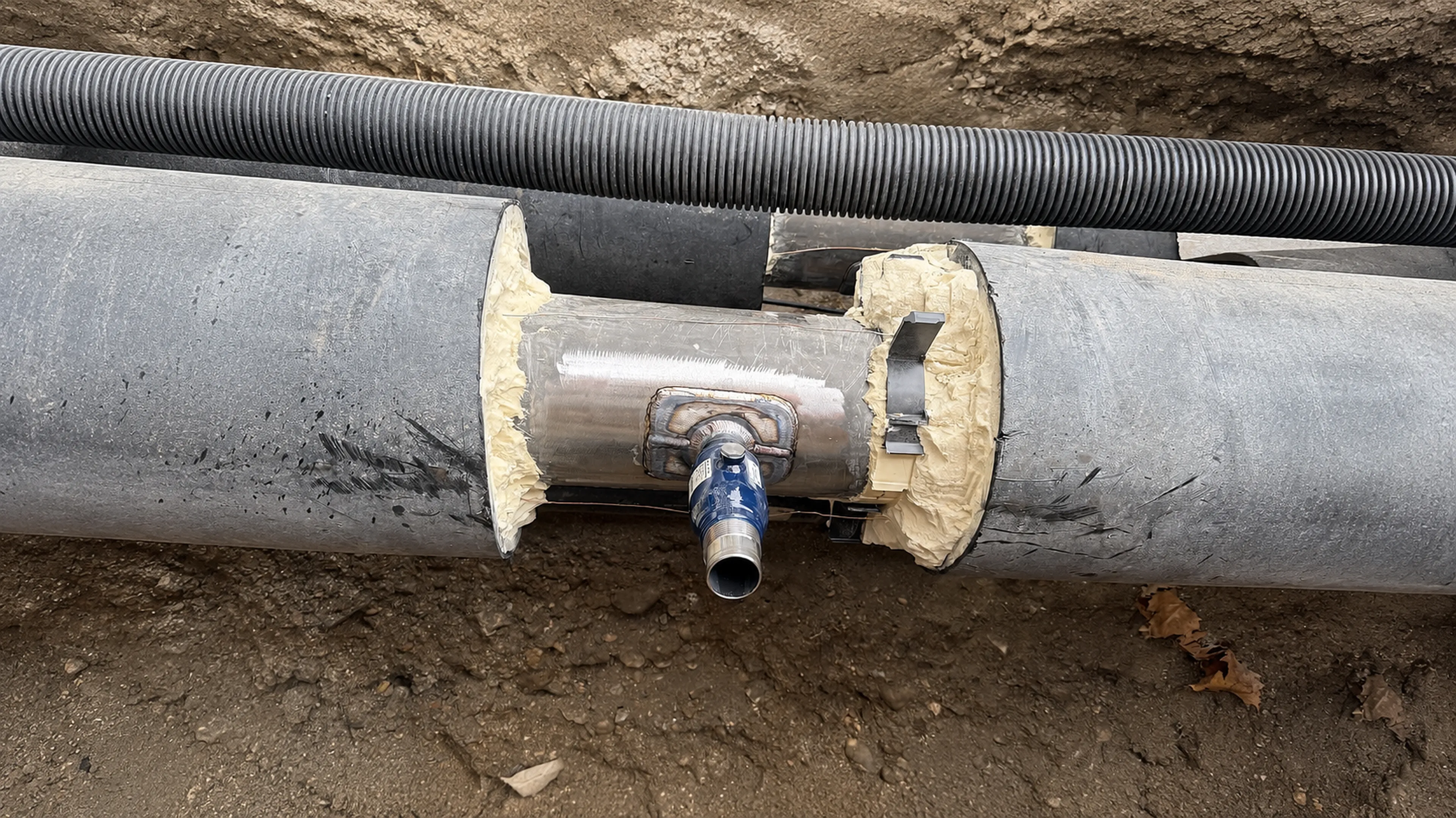 Close-up of an underground pipeline with insulation exposed, showing a valve connection and surrounding soil.