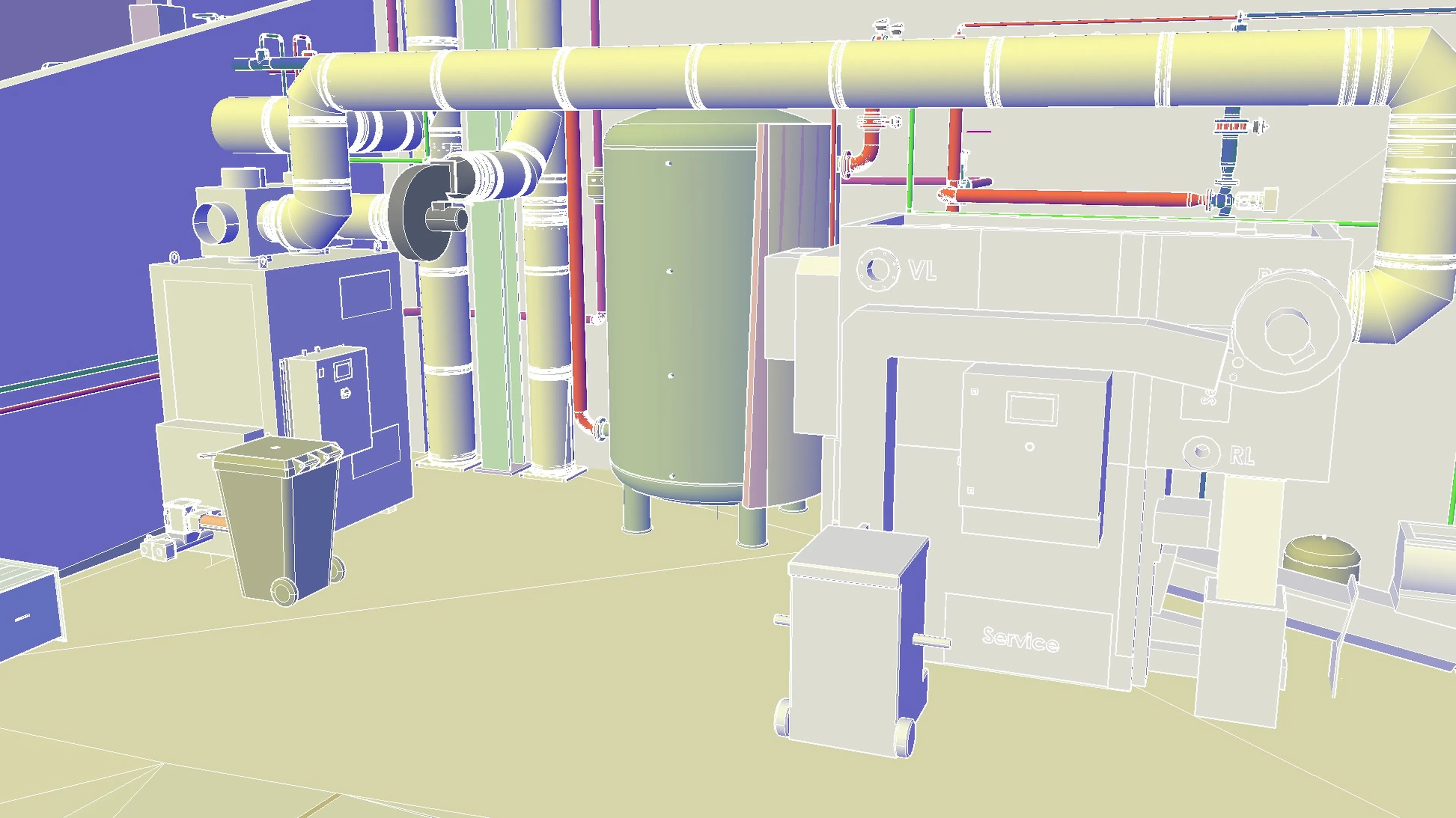 A digital 3D model of industrial machinery, featuring pipes, valves, and control units in a schematic layout with color-coded components.
