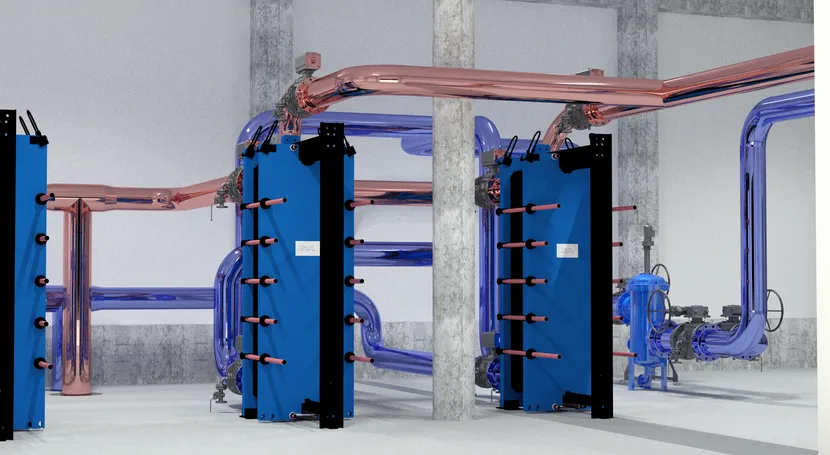 Industrial room with blue heat exchangers, copper and blue pipes, and gray walls. Ceiling lights and a concrete column are visible.