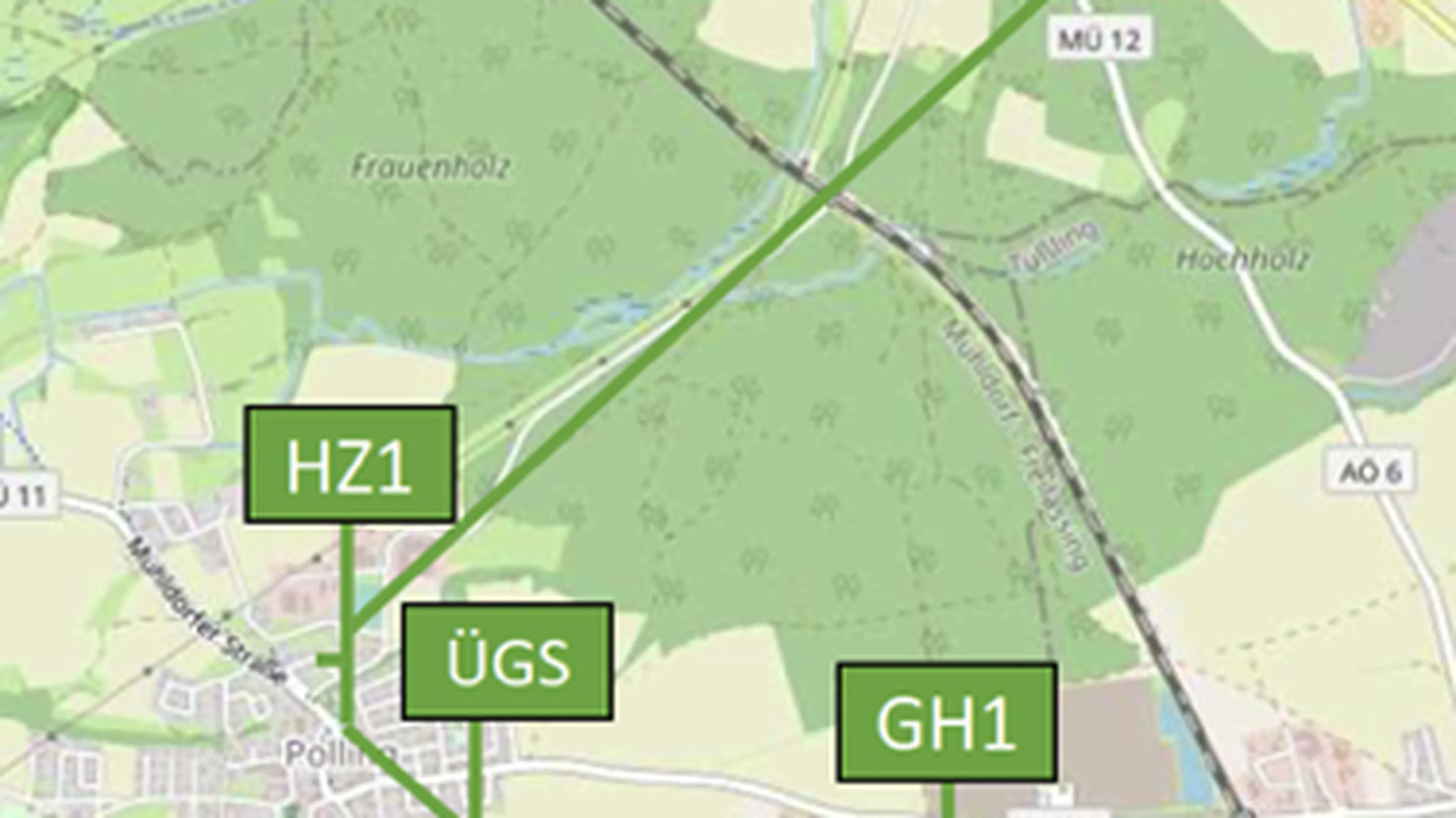 Map showing a route with markers labeled HZ1, ÜGS, GH1, and GH2, connecting Polling, following roads and green areas.