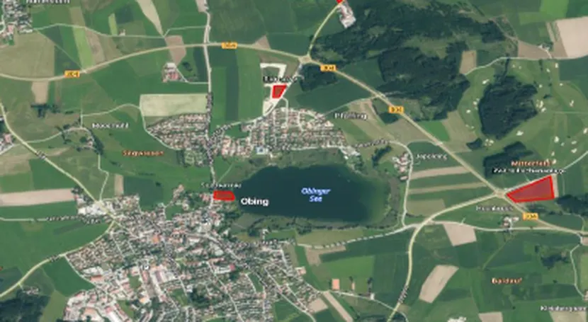 Aerial view of a rural landscape with Obinger See lake, surrounded by fields, roads, and buildings labeled in a mix of black and red text.