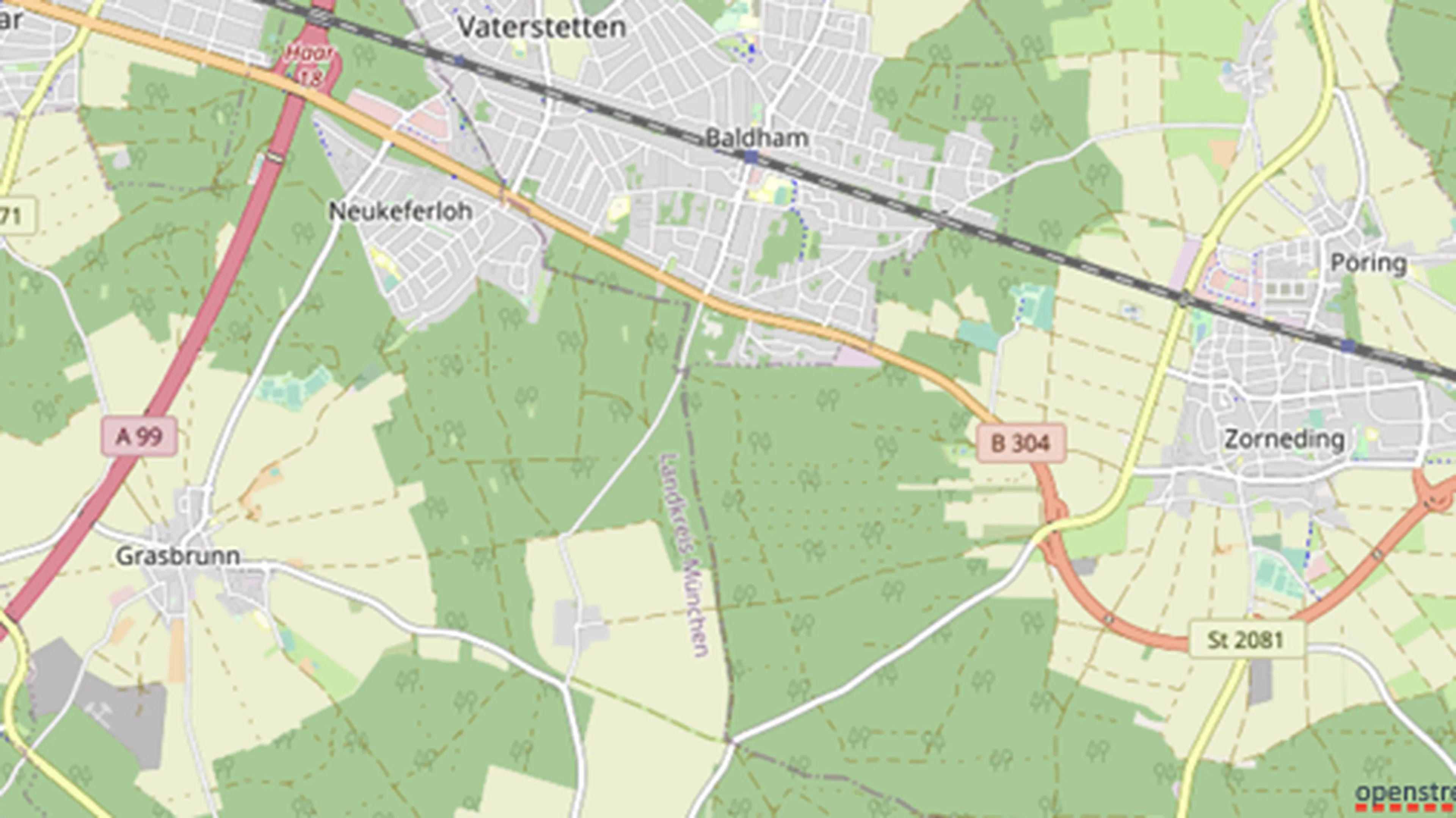 Map showing Vaterstetten, Baldham, and Zorneding with roads A99, B304, and St 2081, surrounded by green areas and smaller villages.