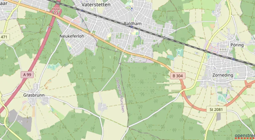 Map showing Vaterstetten, Baldham, and Zorneding with roads A99, B304, and St 2081, surrounded by green areas and smaller villages.