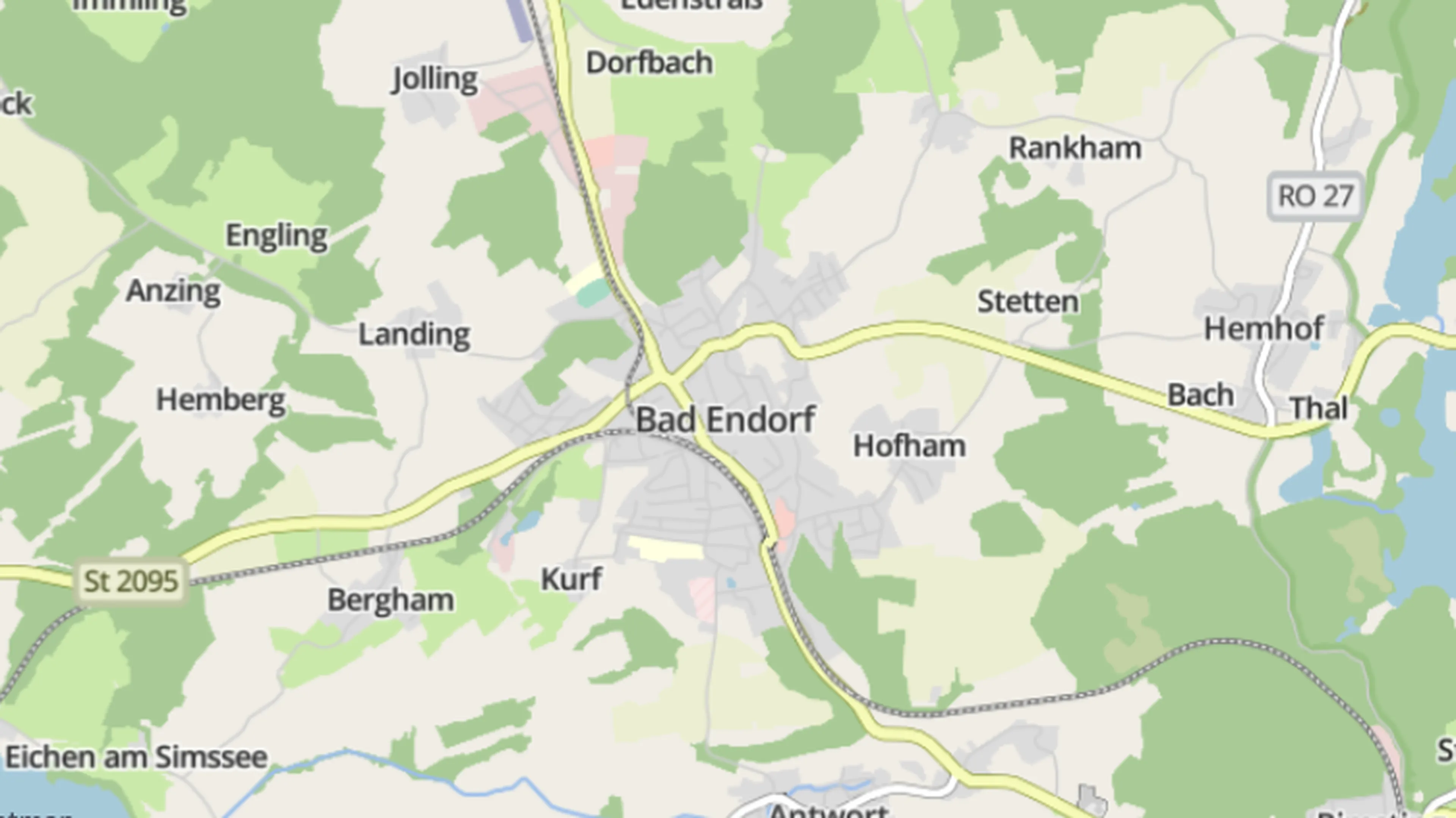 Map showing the area around Bad Endorf, Germany, with nearby towns and roads like St 2095 and RO 27 highlighted.