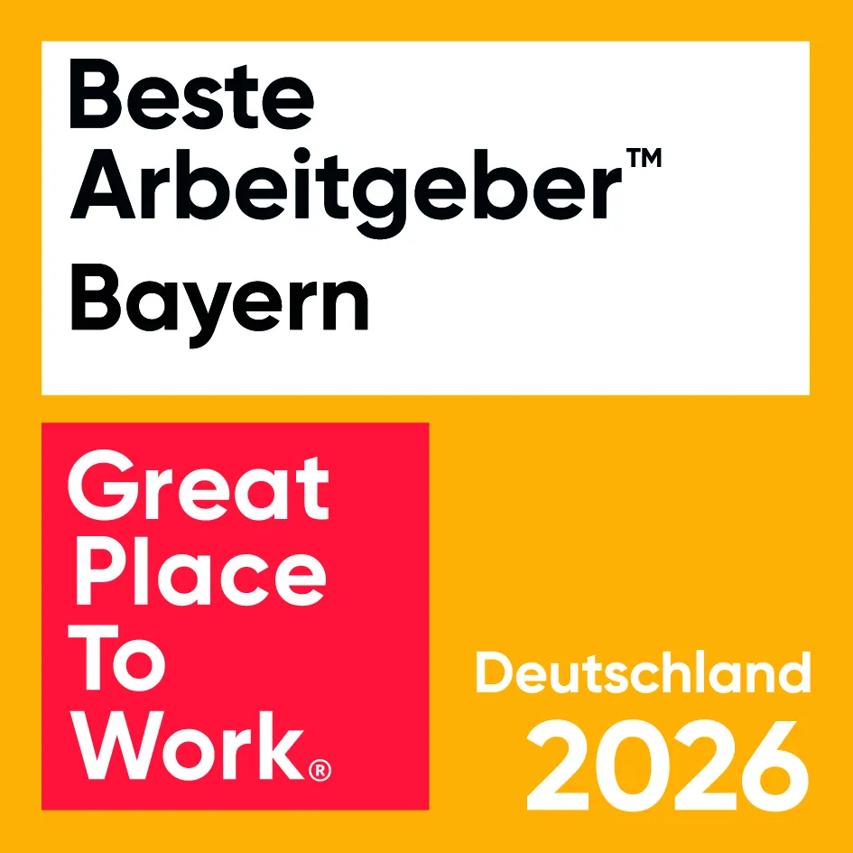 Yellow background with text: "Beste Arbeitgeber Bayern" and "Great Place To Work Deutschland 2026."