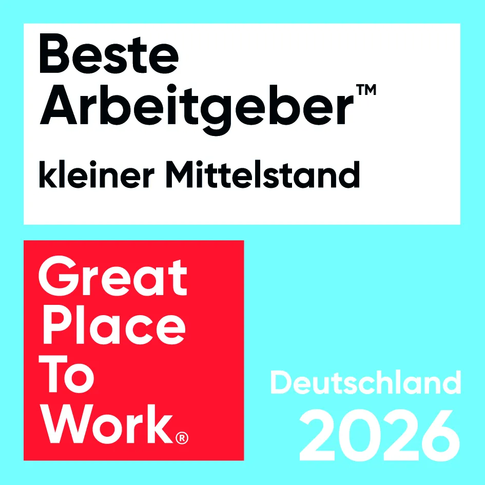 "Best Employer Small Businesses Germany 2026" logo, featuring "Great Place To Work" red square on a light blue background.