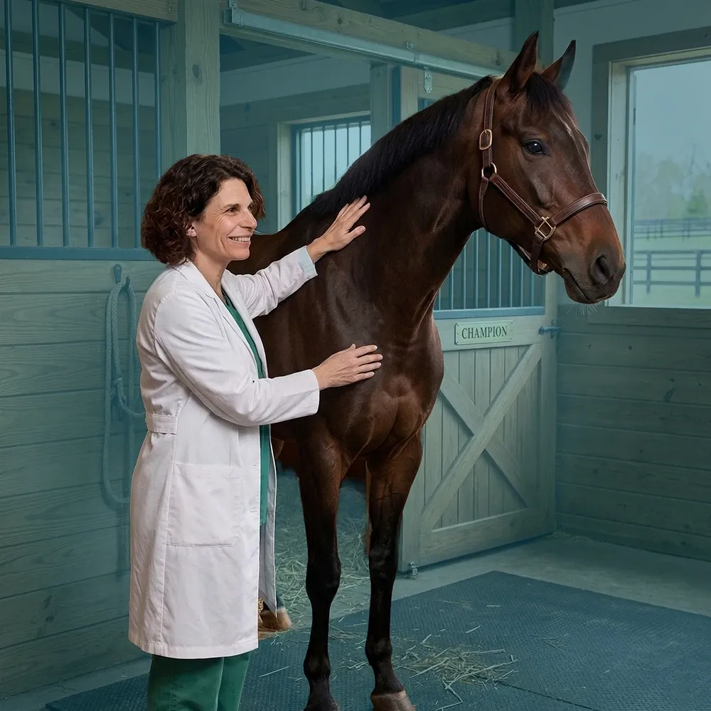 Tierärztin untersucht Pferd