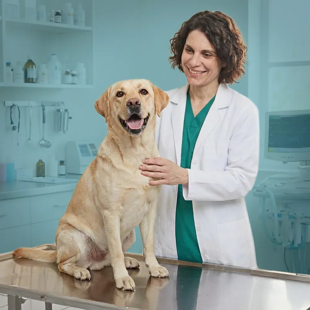 Labrador wird von einer Tierärztin untersucht