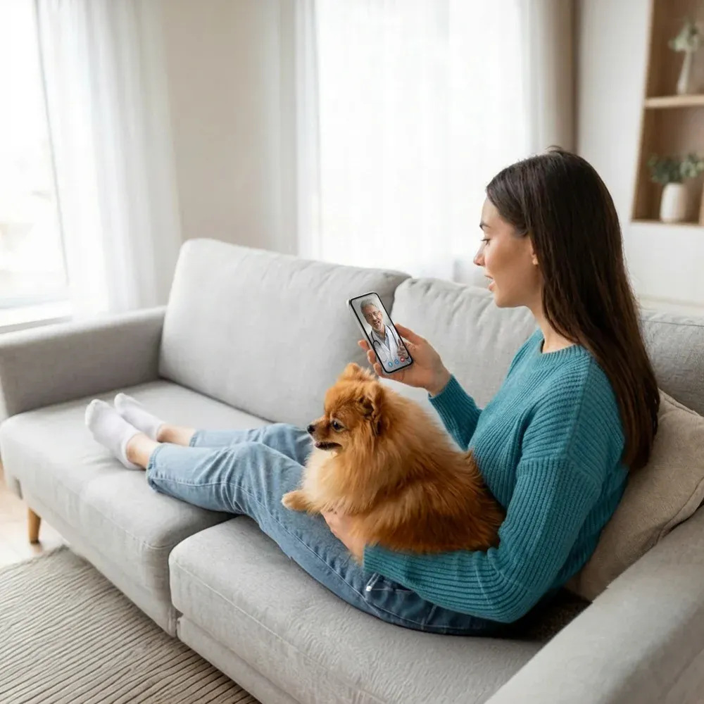Frau telefoniert mit einem Tierarzt und hält ihren Hund