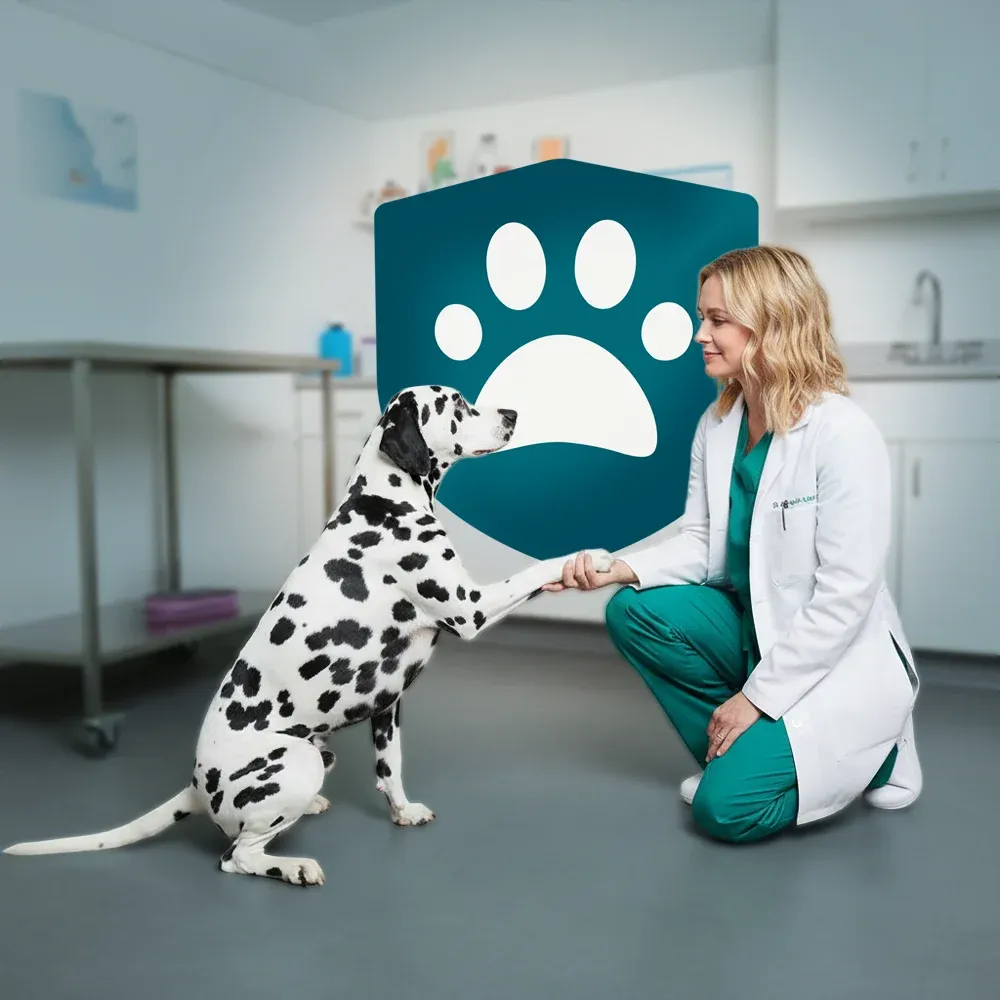 Dalmatiner gibt der Tierärztin die Pfote