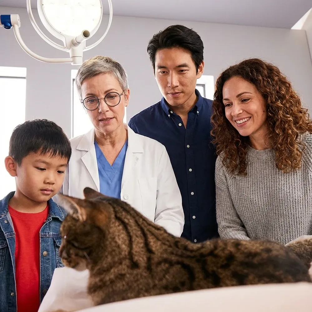 Familie schaut ihre Katze zufrieden an