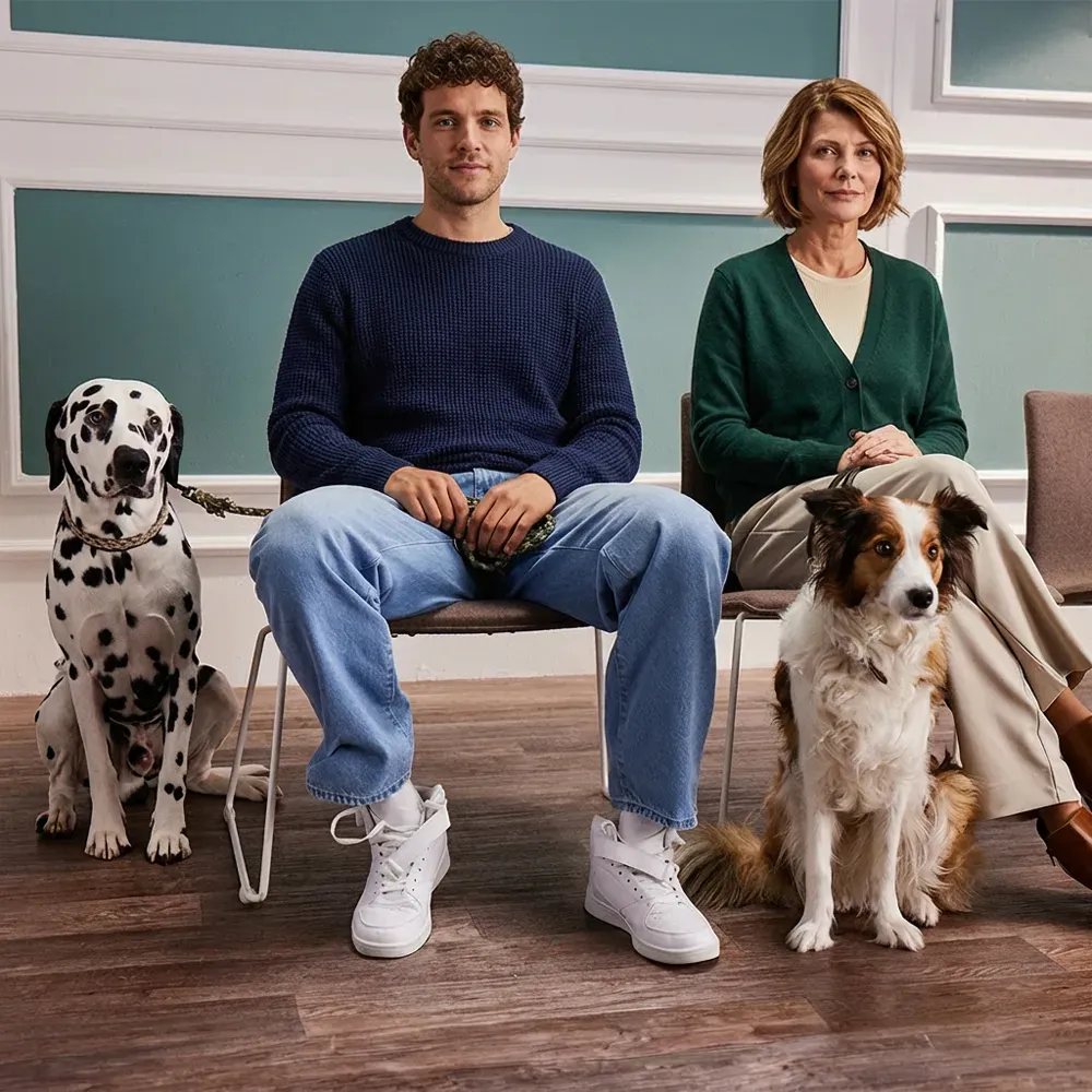 Zwei Personen sitzen mit ihren Hunden im Wartezimmer