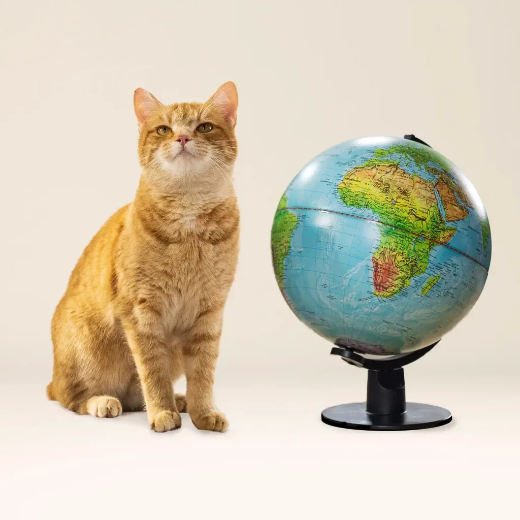Orange getigerte Katze, die neben einem Globus auf einem Ständer sitzt, mit einfarbigem Hintergrund.
