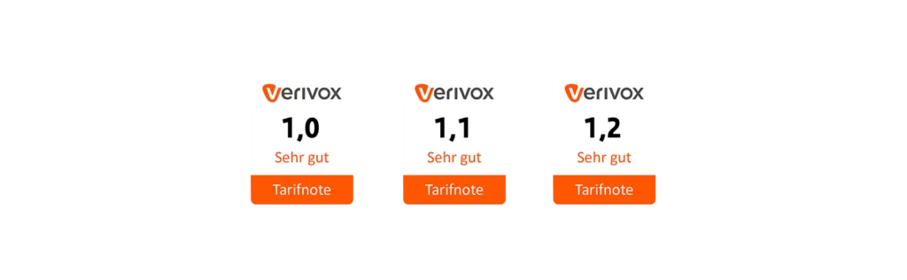 Verivox Tarifnoten von 1,0 - 1,2 (Sehr Gut)