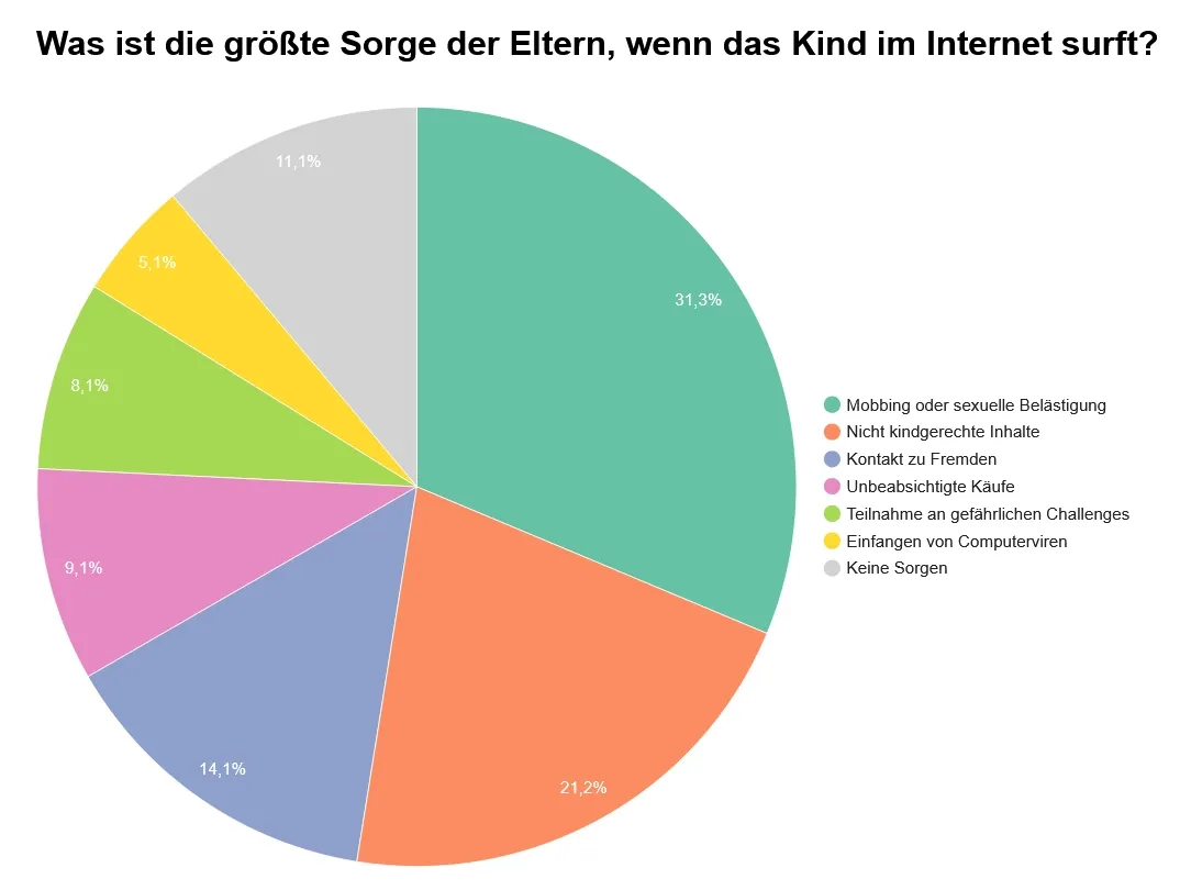 Kreisdiagramm, das die Sorgen der Eltern über Kinder im Internet zeigt: Mobbing (31,3 %), unangemessene Inhalte (27,1 %), Fremde (19,1 %) und mehr.
