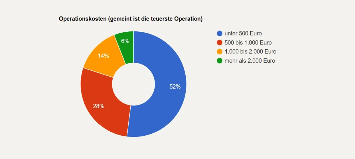 operationskosten-teuerste-operation Kreisdiagramm der Betriebskosten: 52% unter 500 Euro, 28% 500-1.000 Euro, 14% 1.000-2.000 Euro, 6% über 2.000 Euro.