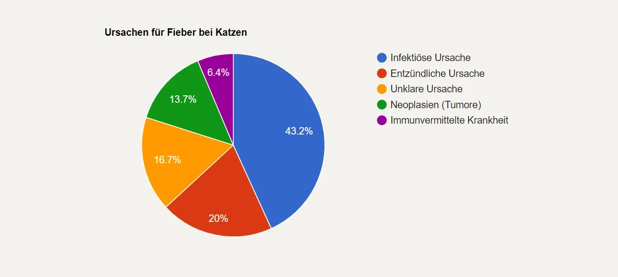 Kuchendiagramm der Ursachen von Fieber bei Katzen: infektiös (43,2 %), entzündlich (20 %), unklar (18,7 %), Neoplasmen (13,7 %), immun (6,4 %).