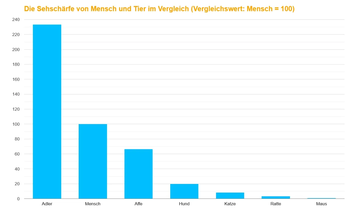 Balkendiagramm zum Vergleich der Sehschärfe: Adler am höchsten, gefolgt von Mensch, Affe, Hund, Katze, Ratte und Maus. Der Adler übertrifft den menschlichen Ausgangswert von 100.