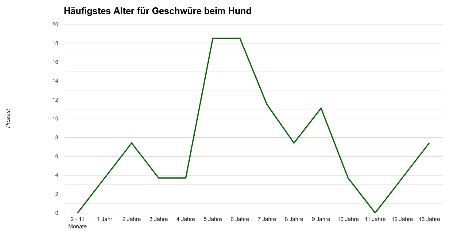 headerbild-magengeschwuer-beim-hund-grafik Liniendiagramm, das das häufigste Alter für Hundegeschwüre zeigt, mit Spitzenwerten bei 4 und 11 Jahren. X-Achse: Alter in Jahren, Y-Achse: Prozentsatz.