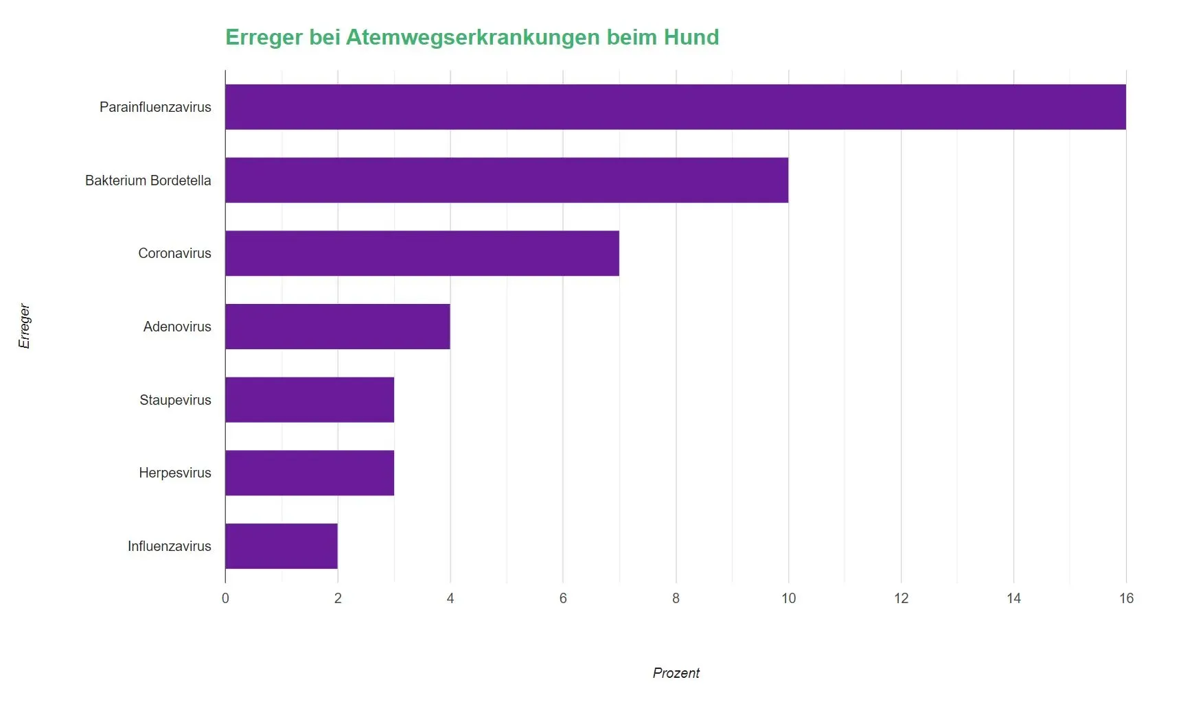 zwingerhusten-beim-hund Balkendiagramm der Ursachen von Atemwegserkrankungen bei Hunden, wobei das Parainfluenzavirus am häufigsten auftritt, gefolgt von Bordetella-Bakterien.