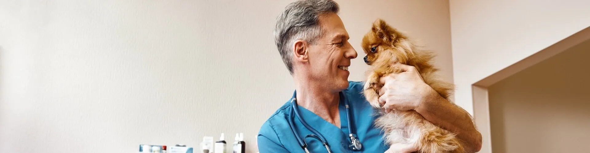 Tierarzt in blauem Kittel lächelt einen kleinen flauschigen Hund an, den er in einer Praxis in der Hand hält.