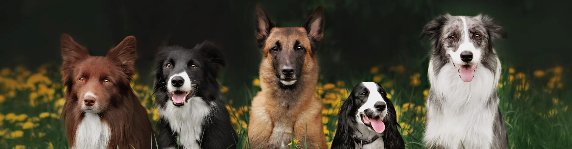 Fünf Hunde verschiedener Rassen sitzen in einem Feld mit gelben Blumen vor einem dunklen, unscharfen Hintergrund.