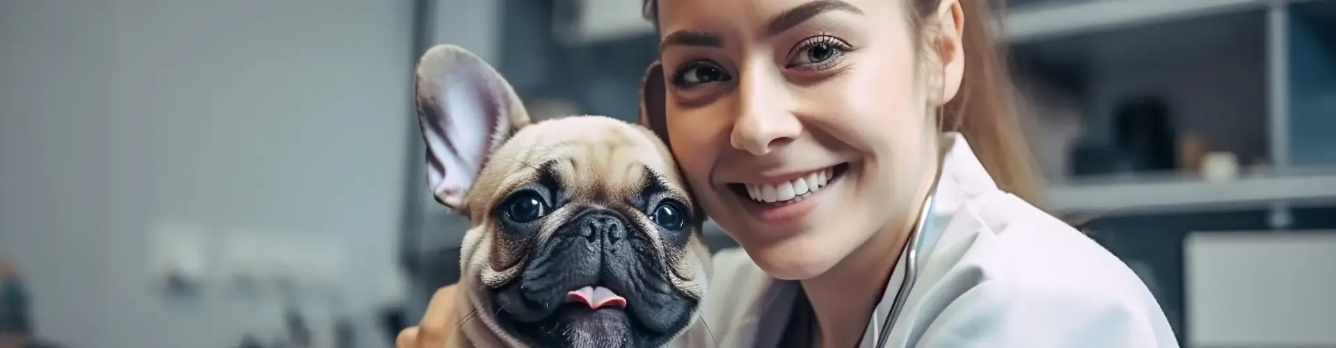 Eine lächelnde Frau in einem Laborkittel hält eine glückliche französische Bulldogge beim Tierarzt