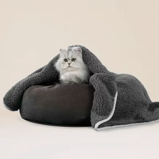Flauschige Katze, die auf einem runden, dunklen Haustierbett sitzt, das teilweise mit einer grauen, weichen Decke bedeckt ist, vor einem schlichten Hintergrund.