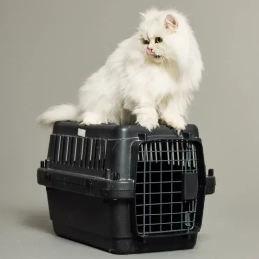 Plüschige weiße Katze, die auf einem schwarzen Tiertransporter sitzt und sich die Lippen leckt, vor einem schlichten grauen Hintergrund.