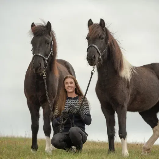 Eine Frau kniet im Gras und hält die Zügel von zwei schwarzen Pferden. Der Himmel ist bedeckt.