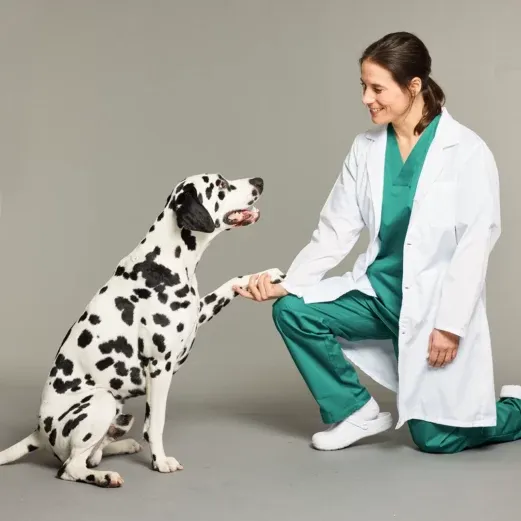 Tierarzt kniend und Pfote schüttelnd mit einem Dalmatiner. Der Tierarzt trägt einen weißen Kittel über einem grünen Kittel.