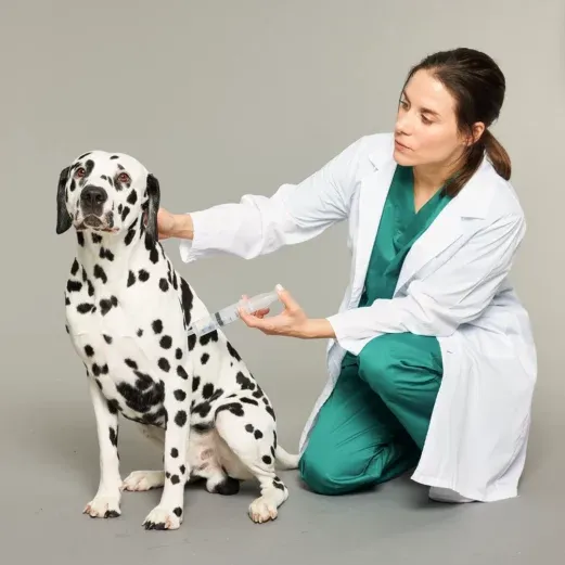 Ein Tierarzt in einem weißen Kittel kniet nieder und verabreicht einem ruhigen Dalmatiner in einer Studioumgebung eine Impfung.