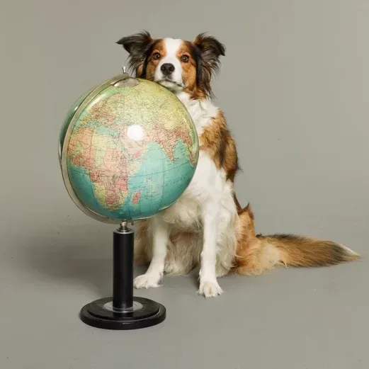 Ein Hund sitzt neben einem Globus auf einem Ständer vor einem schlichten Hintergrund.